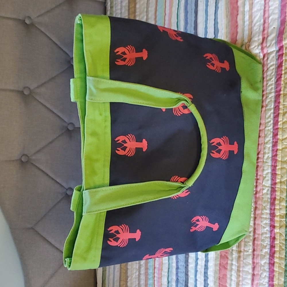 Tote Canvas 18" wide 13" high Inside Zip Pocket Lime Green, Navy,Red Lobsters 🦞
